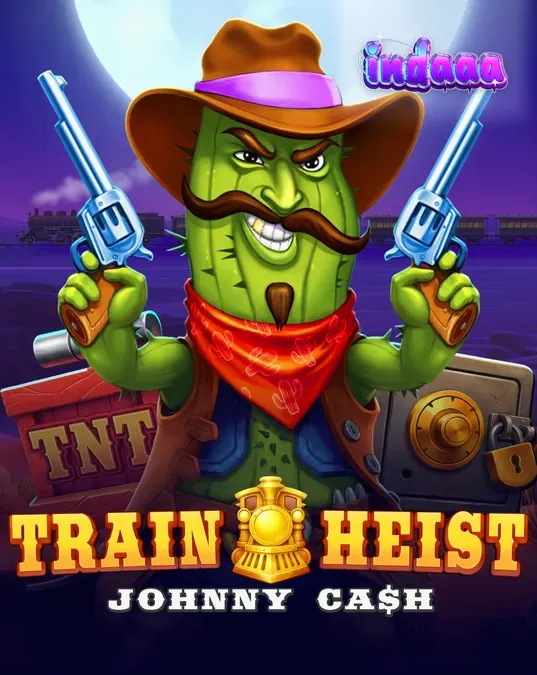Tampilan visual slot Train Heist Johnny Cash dengan latar belakang kereta api di gurun